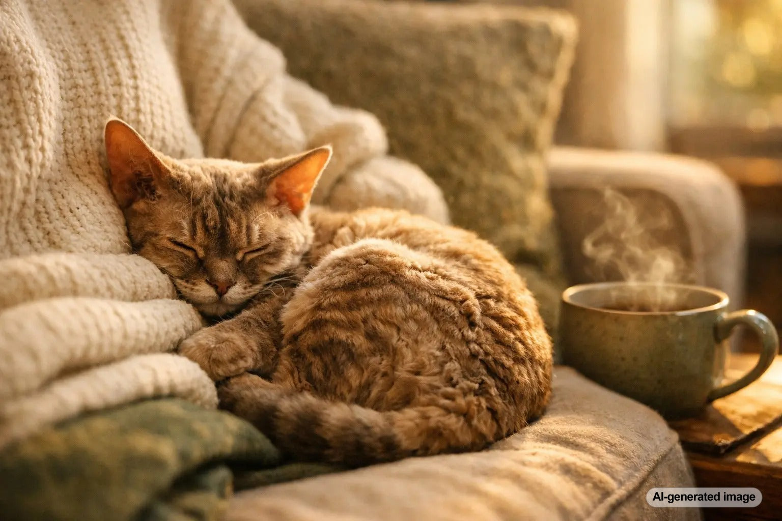 Devon Rex cat curled up looking warm and suede-soft