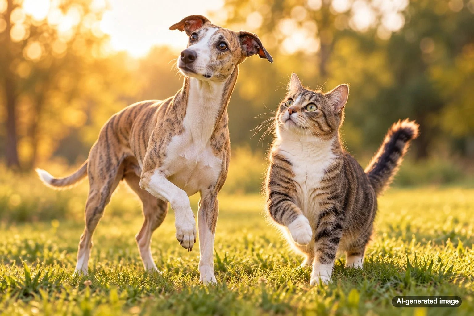 Dog and cat resting in similar body positions, illustrating how pets living together can develop coordinated behavior and recognize each other's body language
