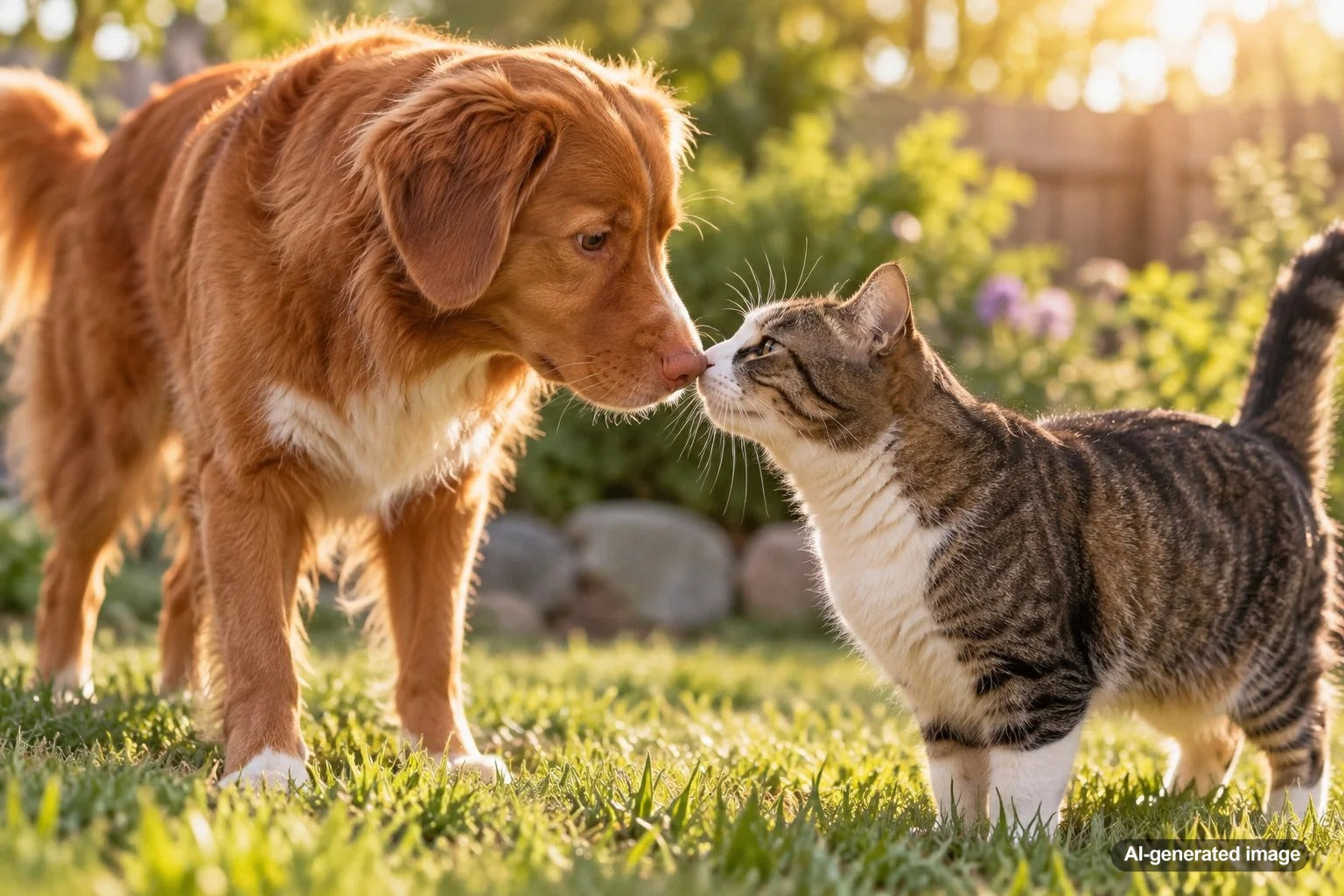 Dog and cat gently touching noses during a calm and friendly greeting