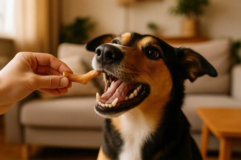 Happy dog enjoying a meal topped with collagen food topper