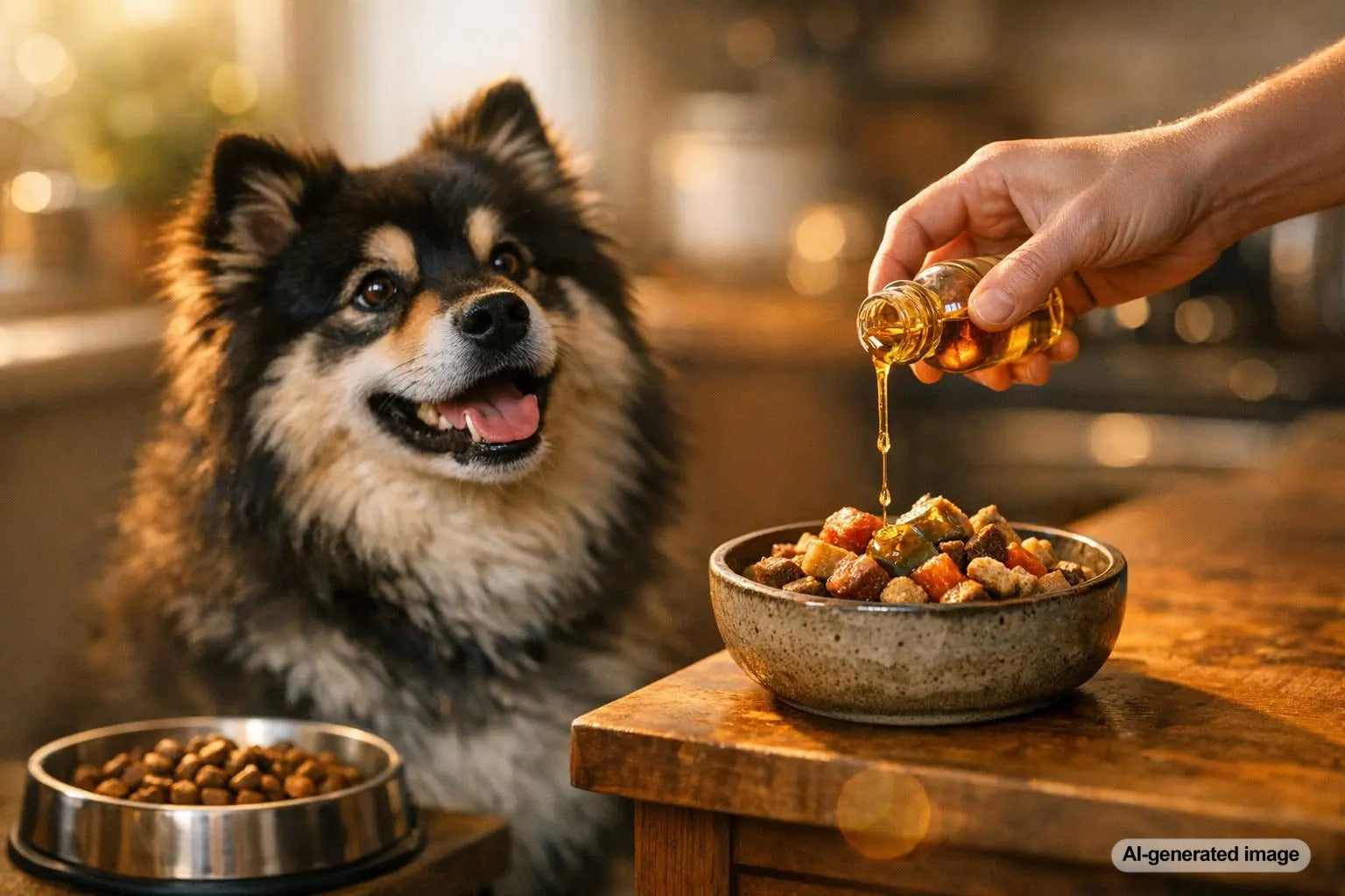 Dog enjoying a healthy meal highlighting the importance of omega-3s in a kibble diet