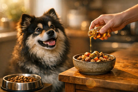 Dog enjoying a healthy meal highlighting the importance of omega-3s in a kibble diet
