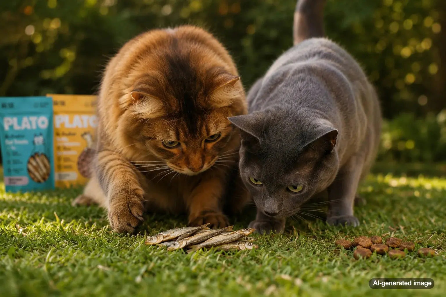 Two curious cats interested in flavorful Plato Pet Treats during treat time