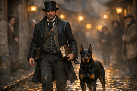 Doberman Pinscher standing alert, representing the historic role of Dobermans as tax collector companions