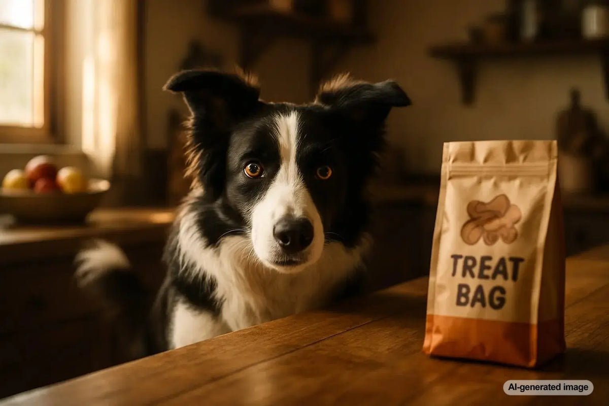 A Border Collie herding a treat bag before accepting a reward