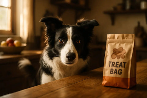A Border Collie herding a treat bag before accepting a reward