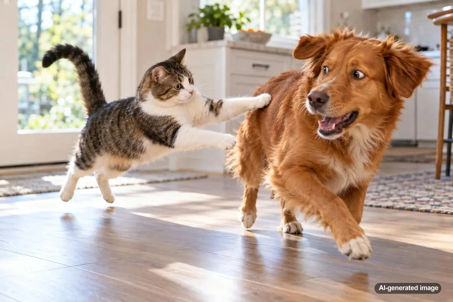 Playful cat ambushing a household dog before running away during an energetic game at home