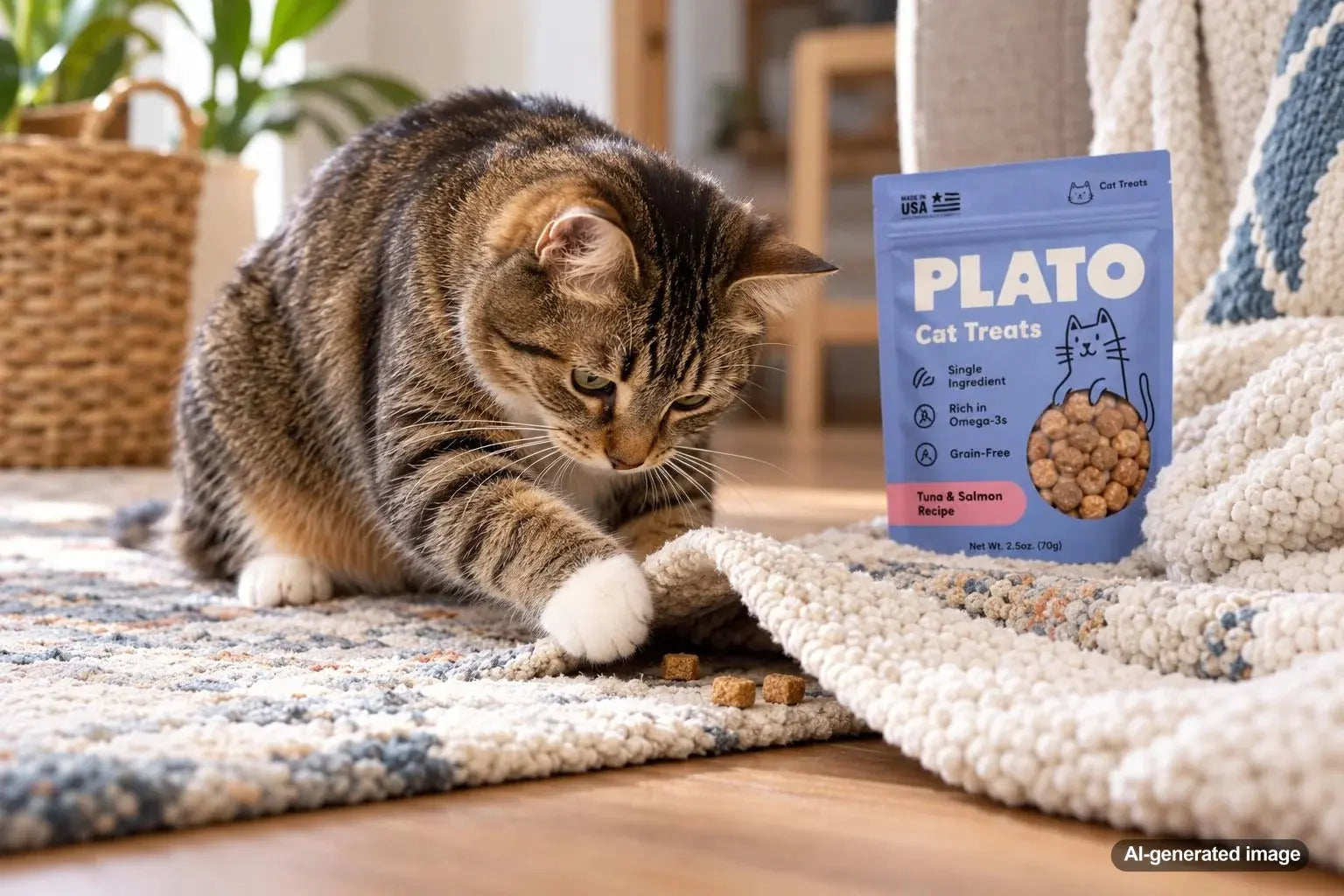 Cat hiding a treat beneath a soft rug or blanket as an example of natural food caching behavior