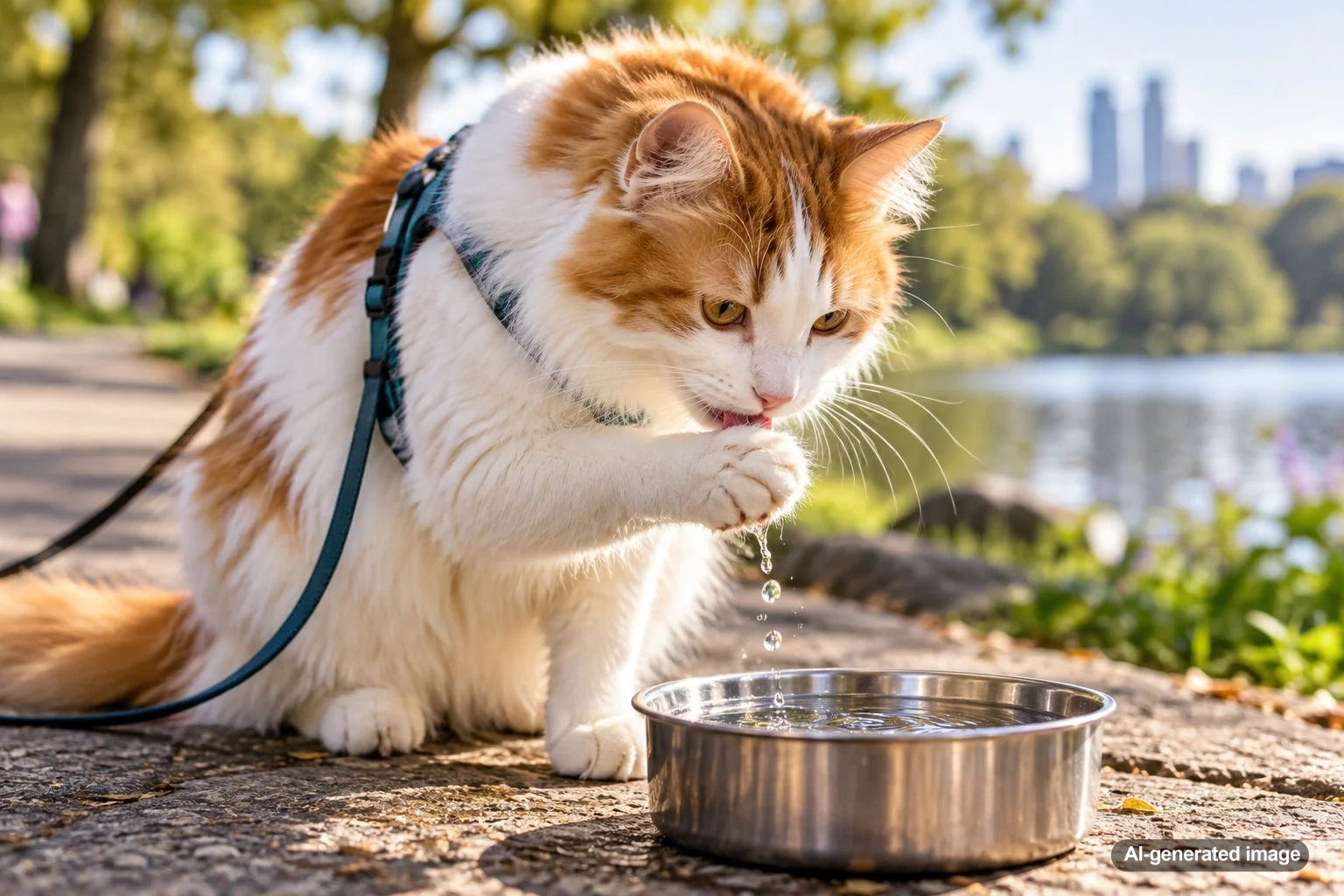 Cat dipping one paw into a water bowl before licking water from its paw