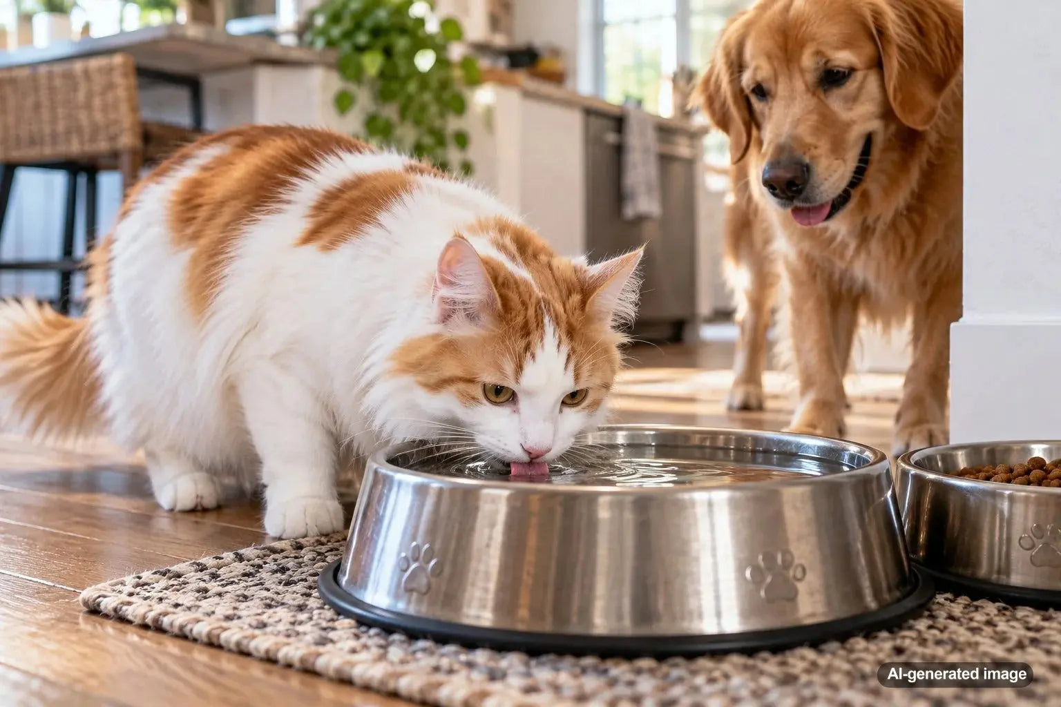 Cat drinking from a dog's water bowl in a shared pet household