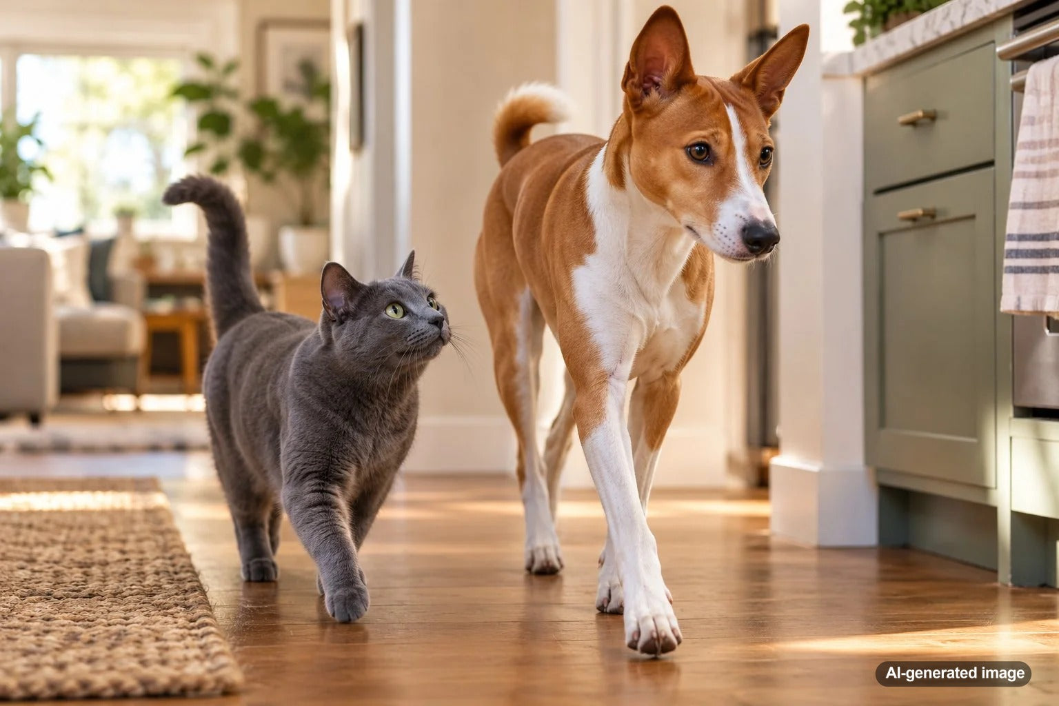 Cat following a dog around the house in a relaxed multi-pet home