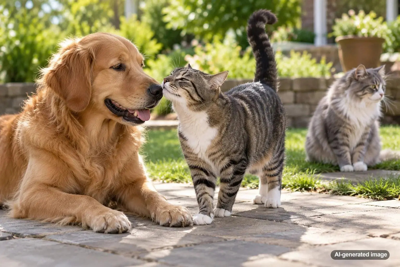 Cat greeting a friendly dog while another cat remains nearby, illustrating different social relationships between household pets