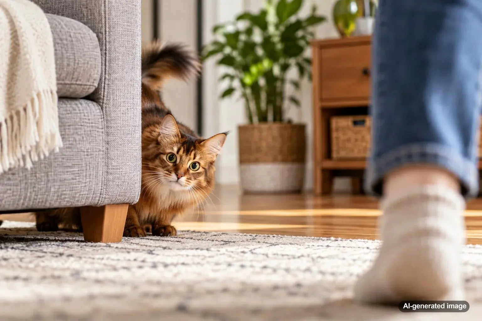 Playful cat hiding and preparing to jump out during an indoor ambush game