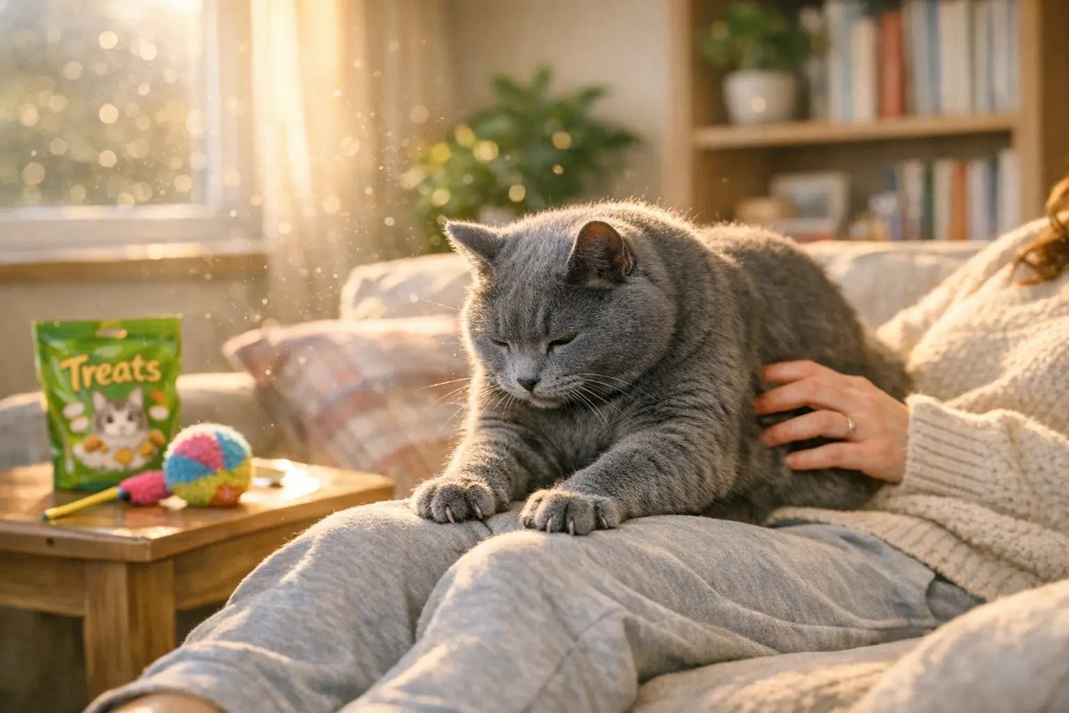 Cat kneading its owner while resting comfortably on a lap