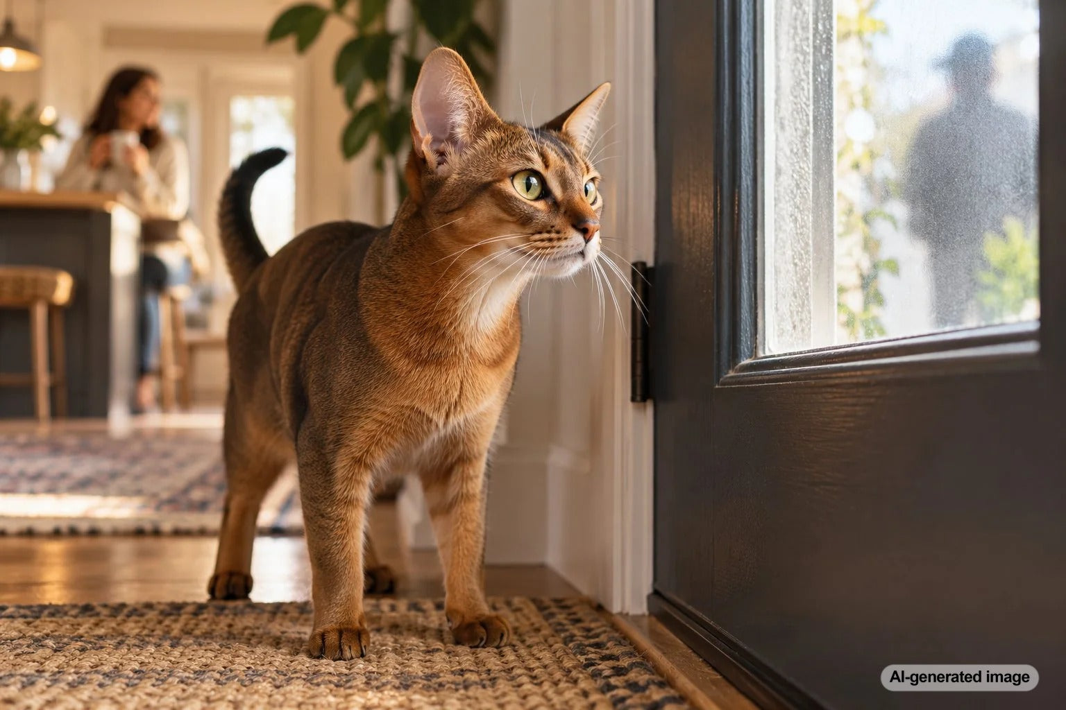 Alert indoor cat noticing someone approaching outside before its owner