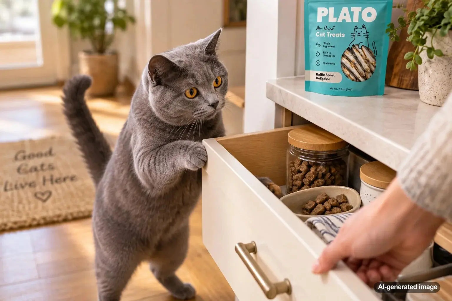 Curious cat waiting beside the kitchen drawer where its favorite treats are stored