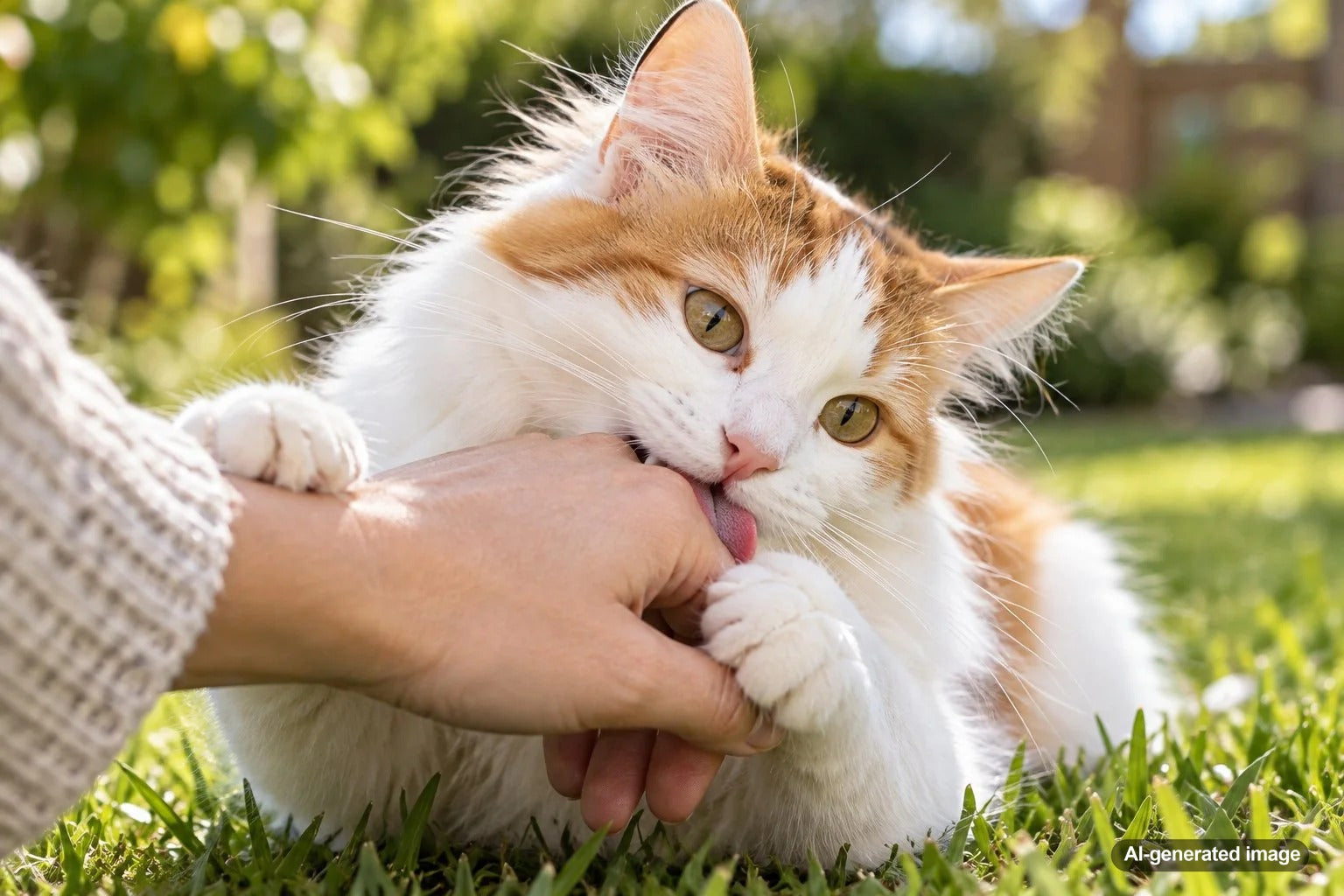 Cat licking a person's hand before a gentle playful bite