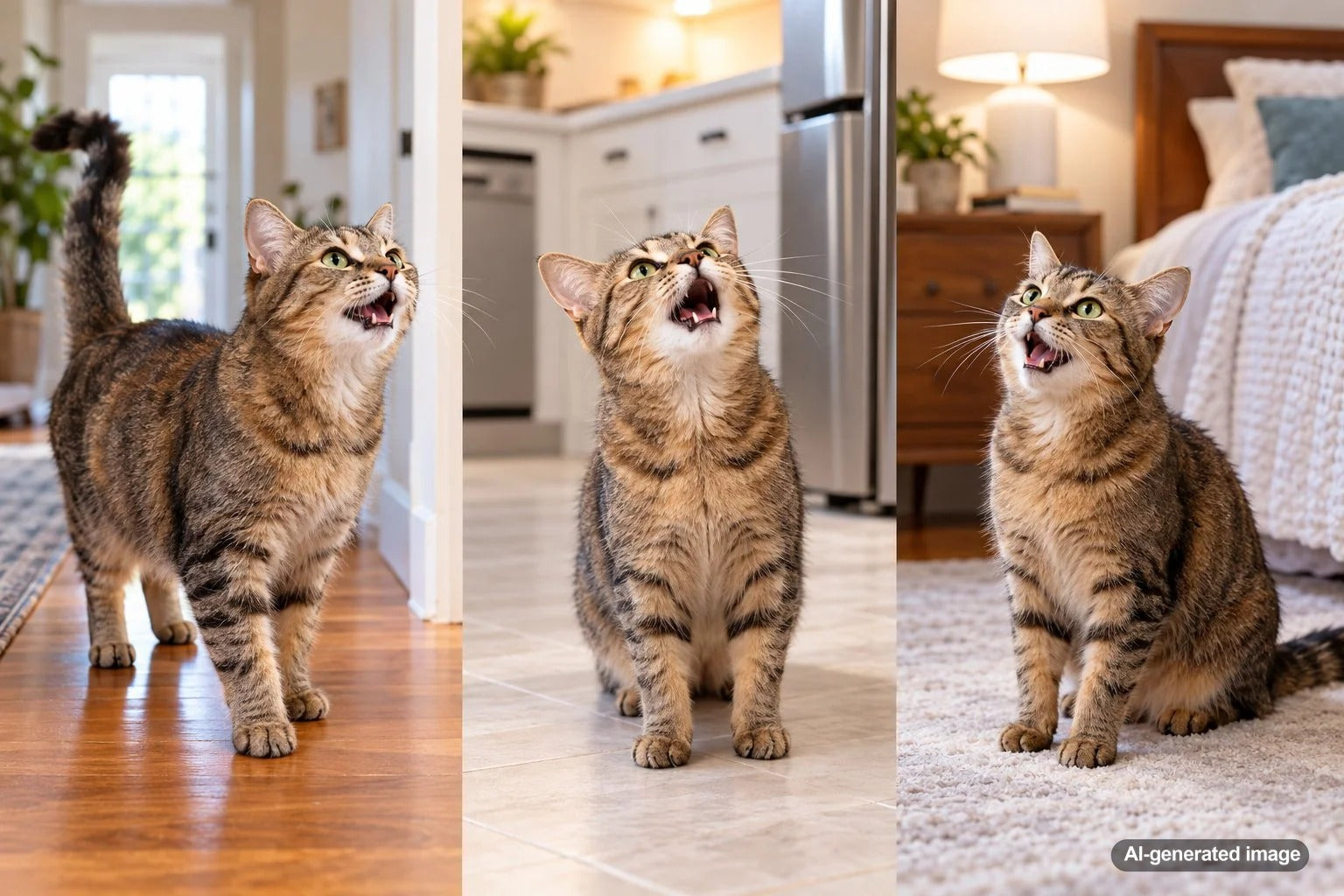 Curious domestic cat meowing from a doorway inside a home, illustrating how cats use different vocalizations in different rooms