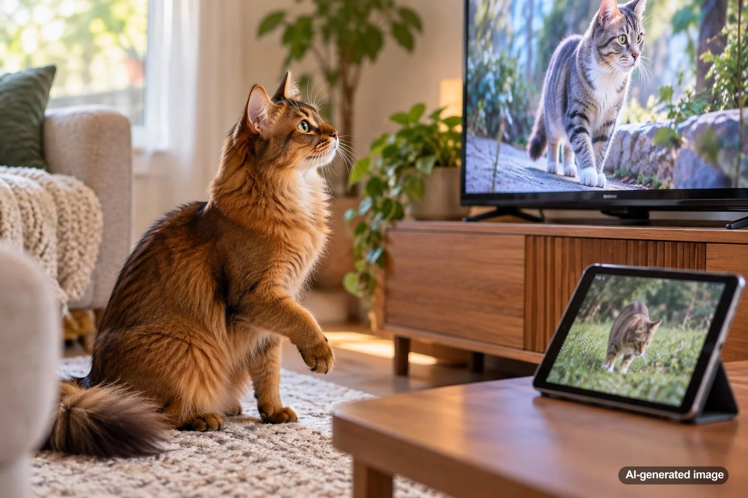 Curious domestic cat watching another cat on a television screen in a cozy living room
