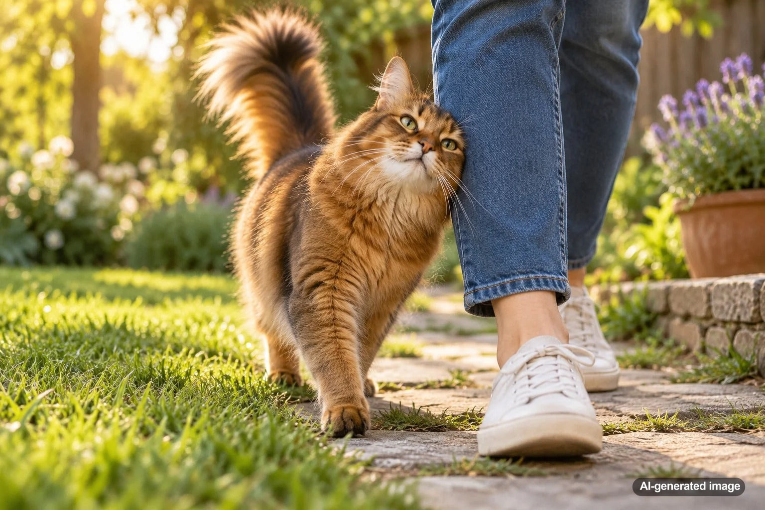 Cat rubbing against a person's legs while they walk through the home