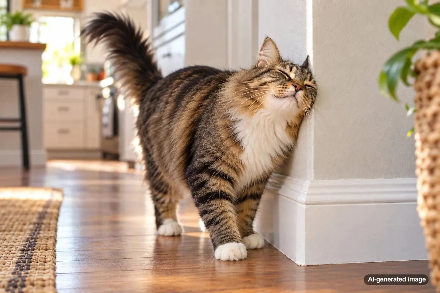 Cat rubbing its face on a freshly cleaned household corner as part of normal feline scent-marking behavior