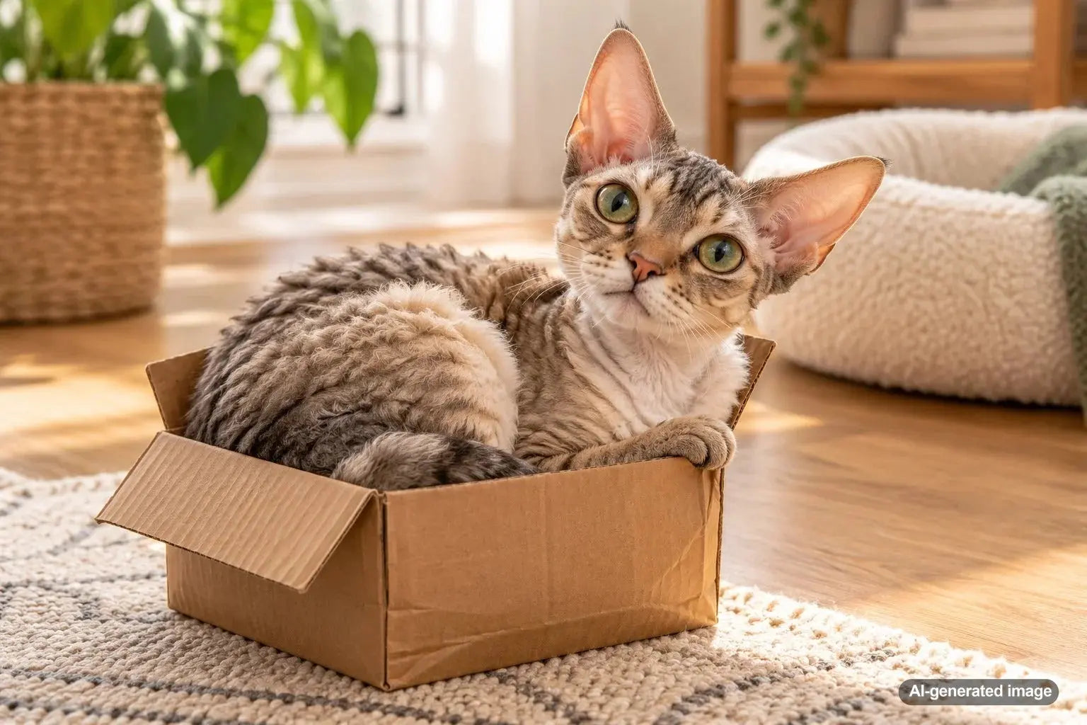Cat sitting snugly inside a cardboard box that looks too small
