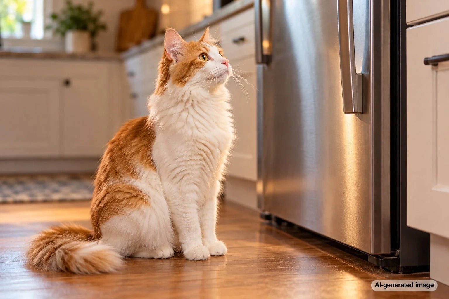 Curious house cat sitting on the kitchen floor in front of a refrigerator, waiting expectantly for the door to open