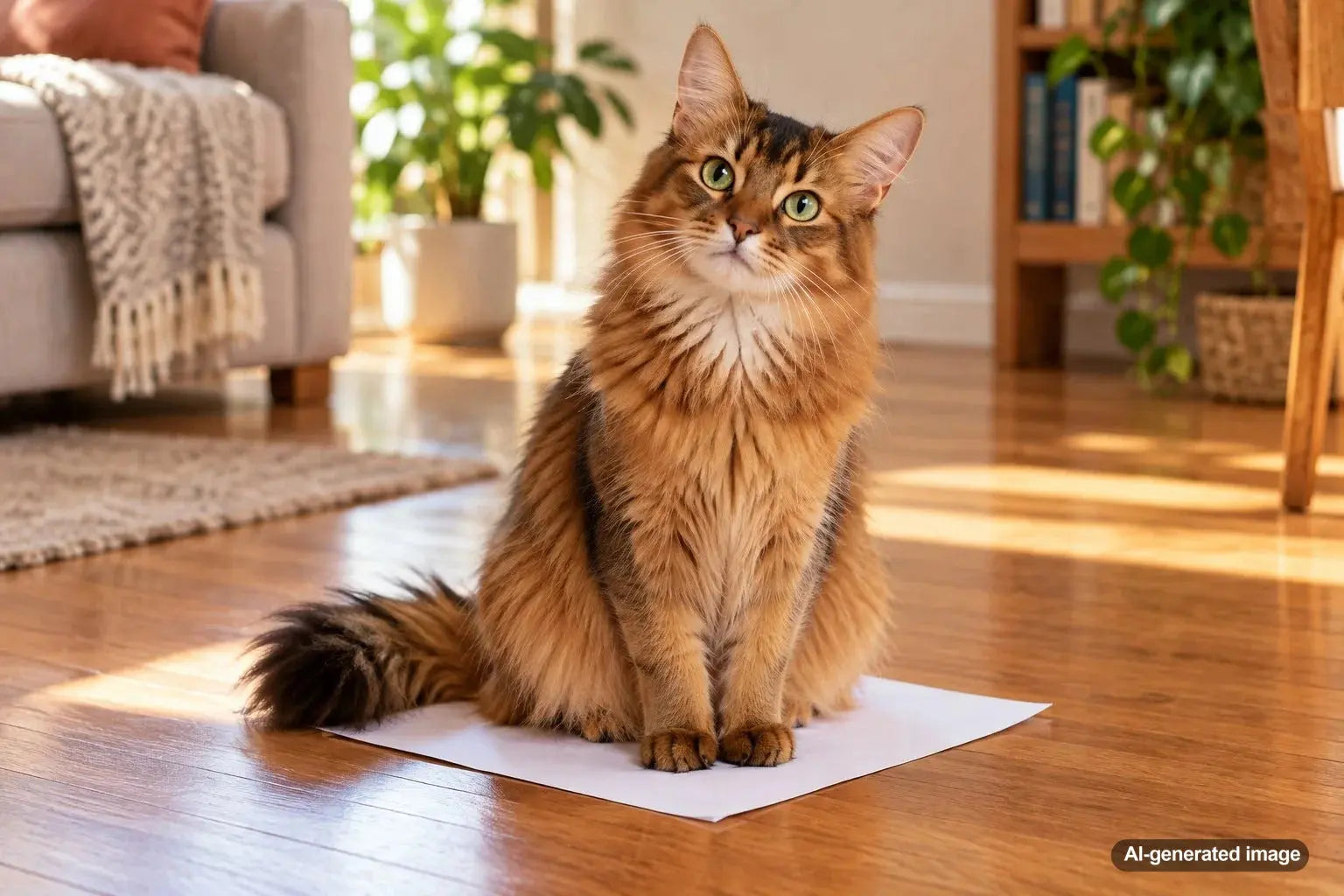 Cat sitting on a piece of paper in the middle of the floor