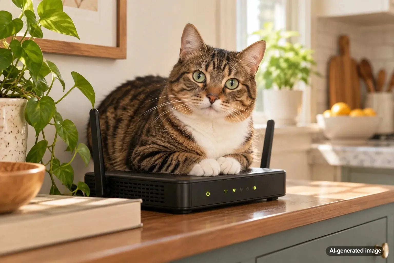 Cat sitting comfortably on a warm router or cable box in a home