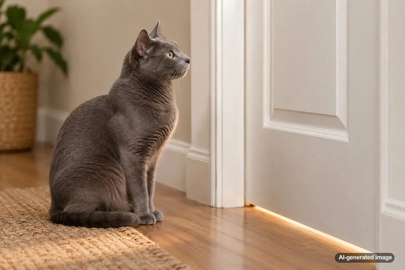 Cat sitting quietly outside a closed door while patiently watching and waiting