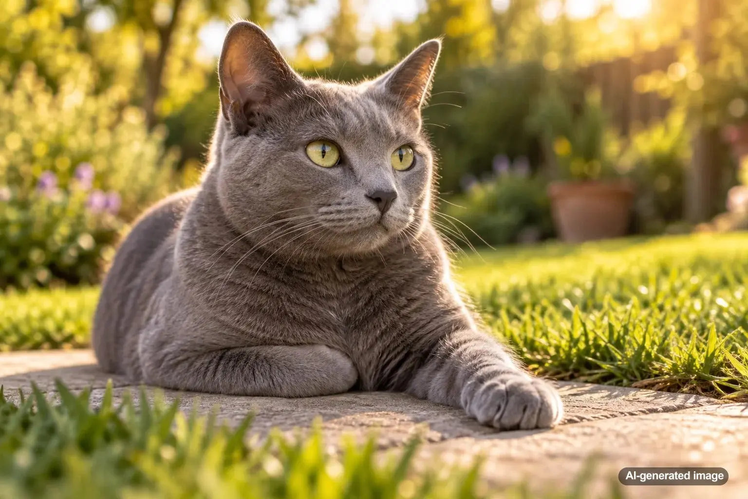 Relaxed cat sitting with one front paw tucked beneath the chest and the other paw extended