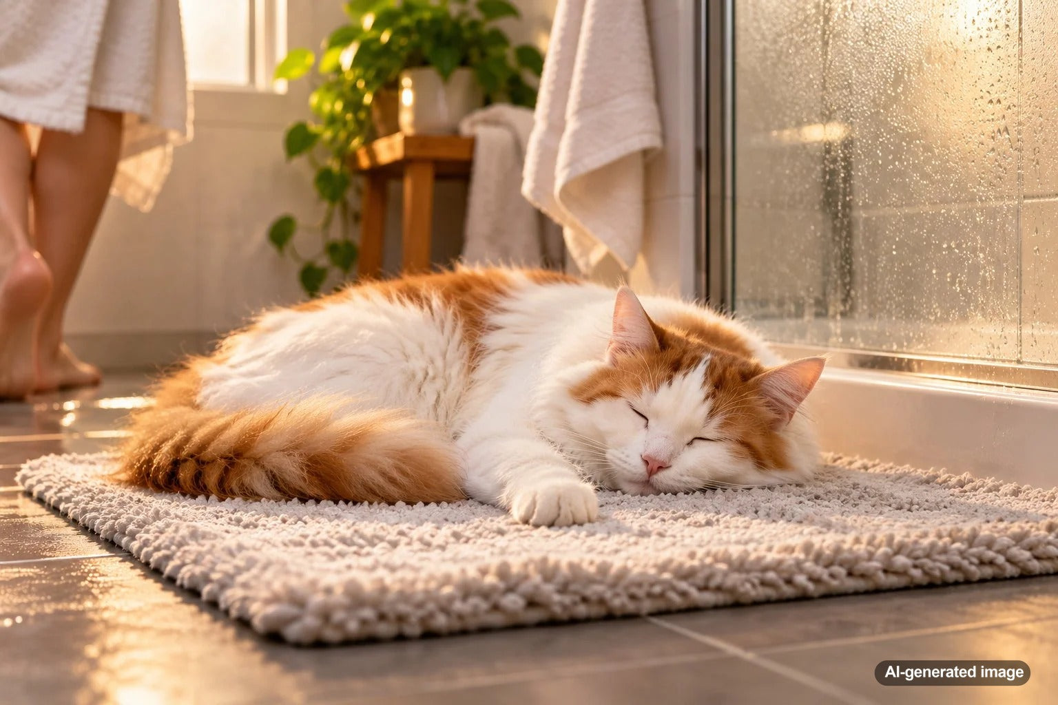 Cat resting comfortably on a soft bathroom rug after its owner showers, illustrating feline sleeping preferences and cozy bathroom habits