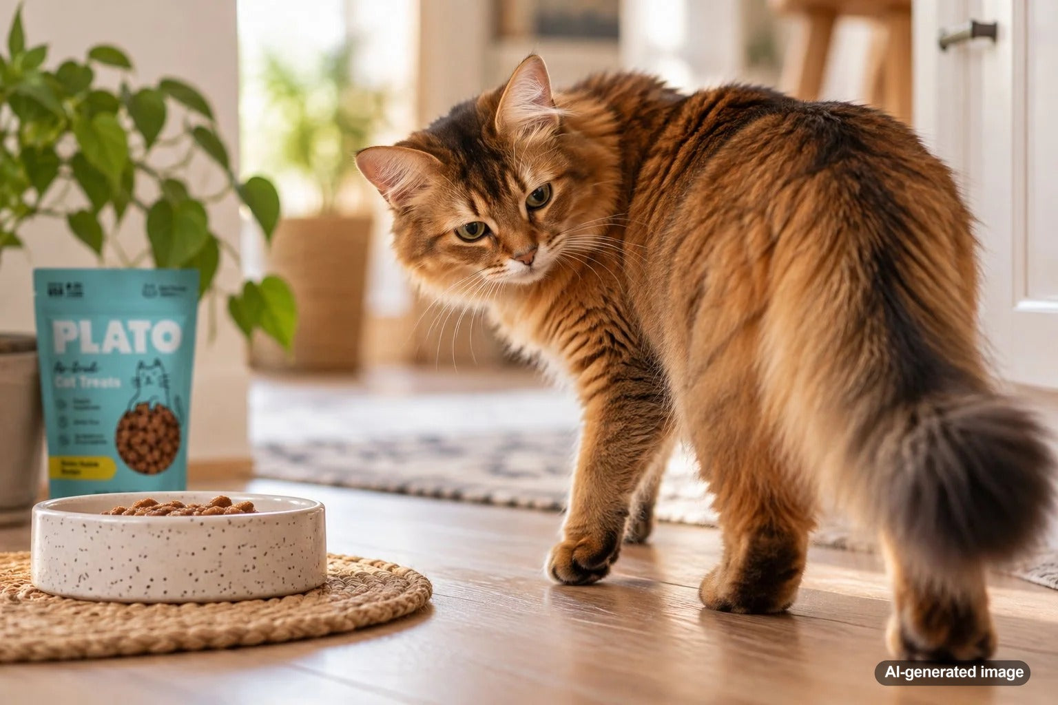 Curious cat sniffing food in its bowl before walking away and returning to eat