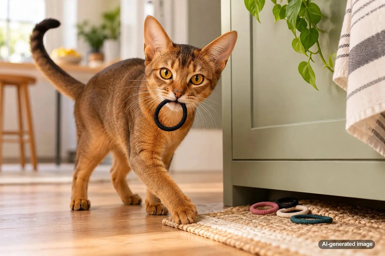 Curious house cat stealing and hiding hair ties, illustrating feline hunting instincts and playful behavior
