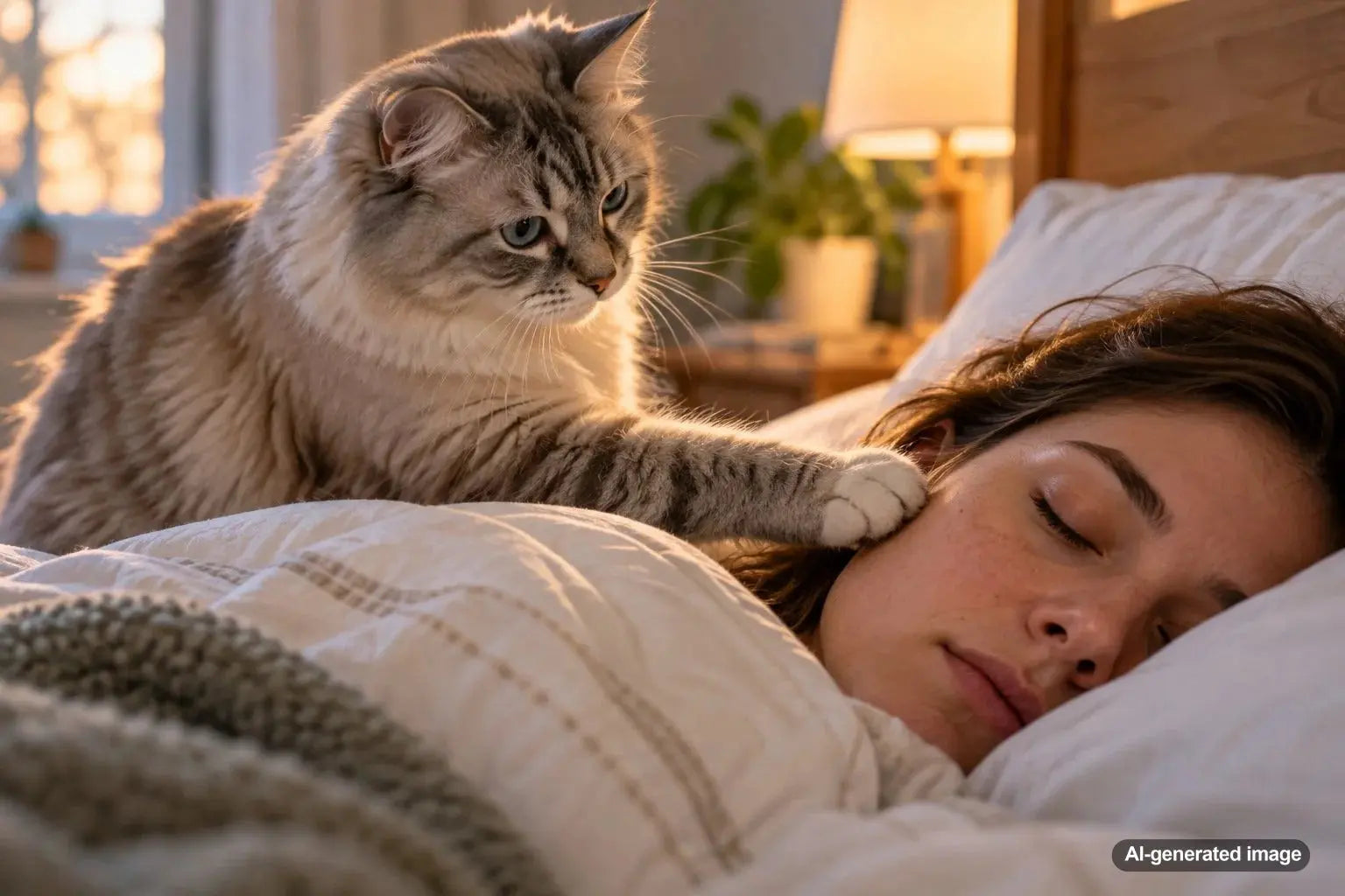 Cat gently touching its sleeping owner's face with one paw while resting together in bed