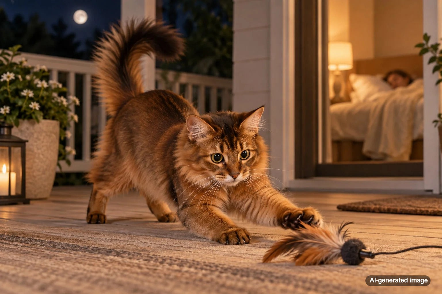 Playful cat becoming active with toys as its owner prepares to sleep at night