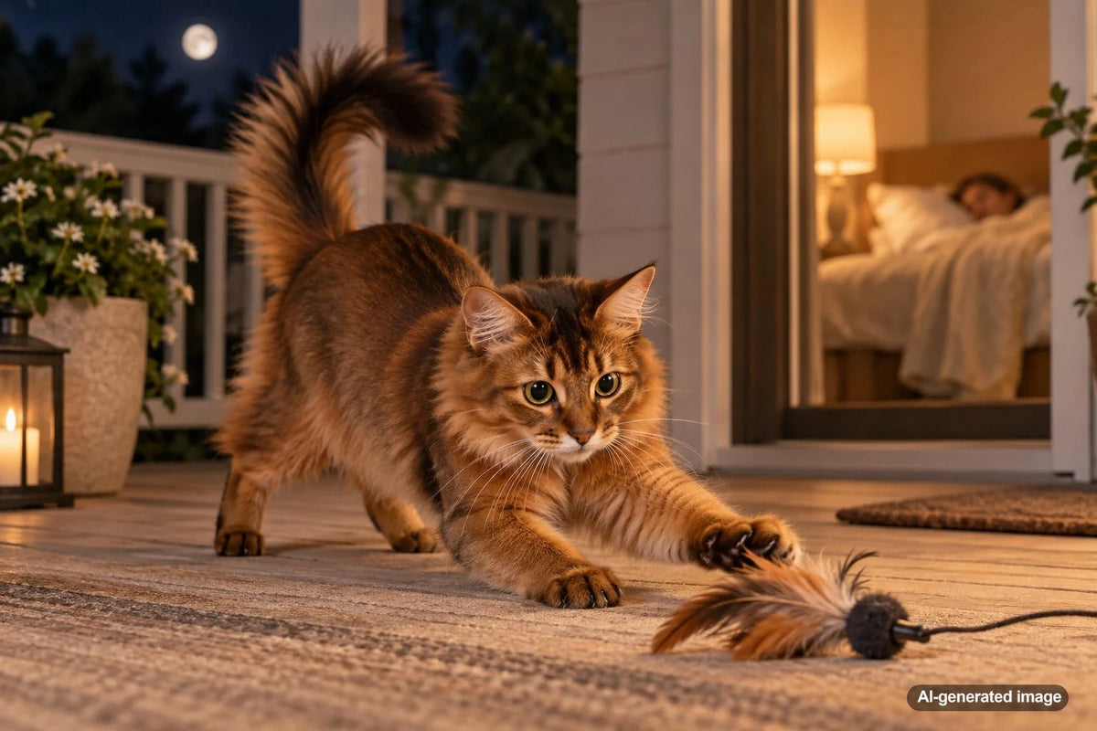 Playful cat becoming active with toys as its owner prepares to sleep at night