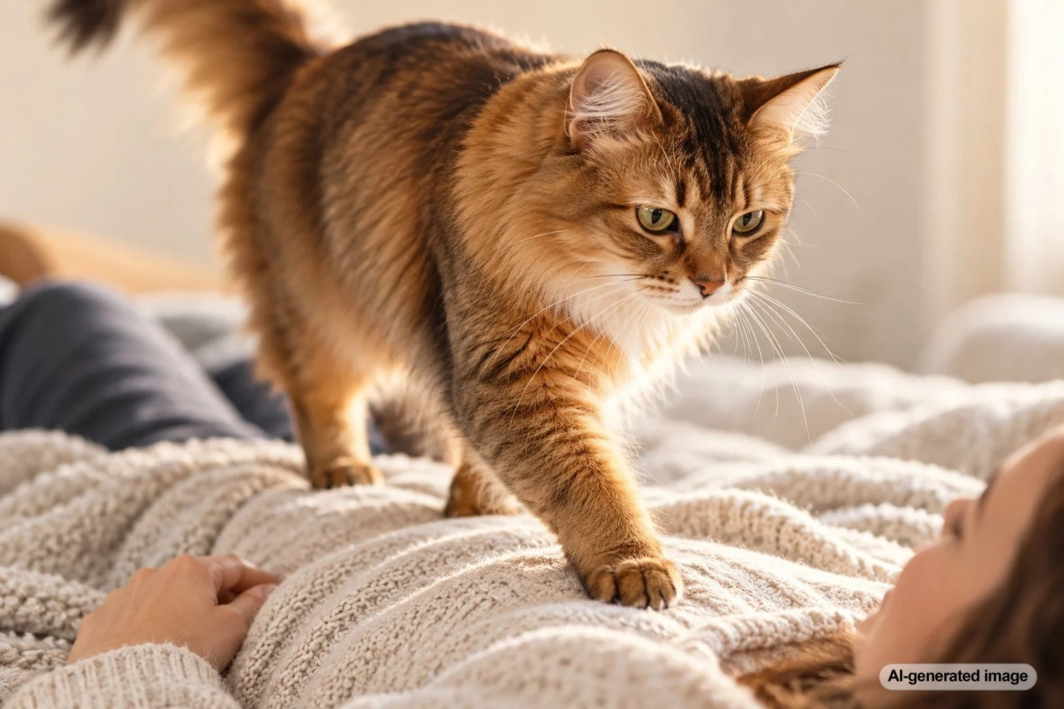 Cat walking across its owner's body on a couch instead of going around, illustrating common feline behavior and affection
