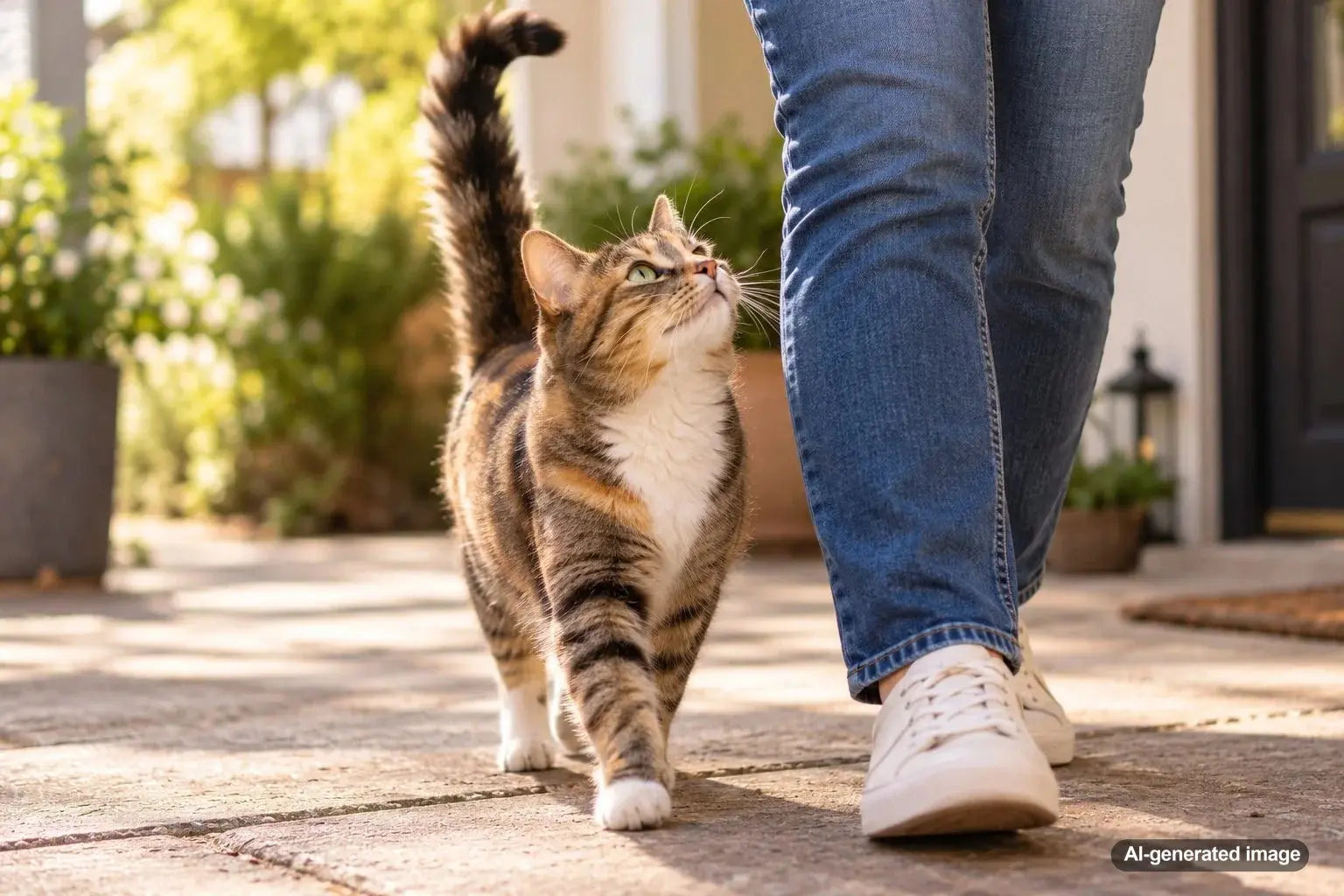 Friendly domestic cat walking toward its owner with its tail held straight up in a relaxed greeting