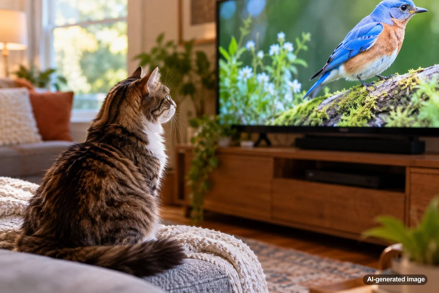 Curious domestic cat watching birds on a television nature show in a cozy living room