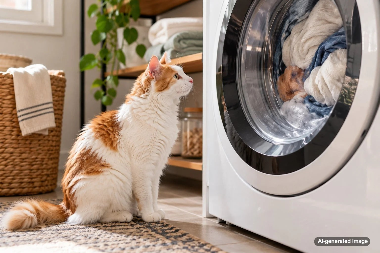 Curious cat watching clothes tumble inside a washing machine during laundry time