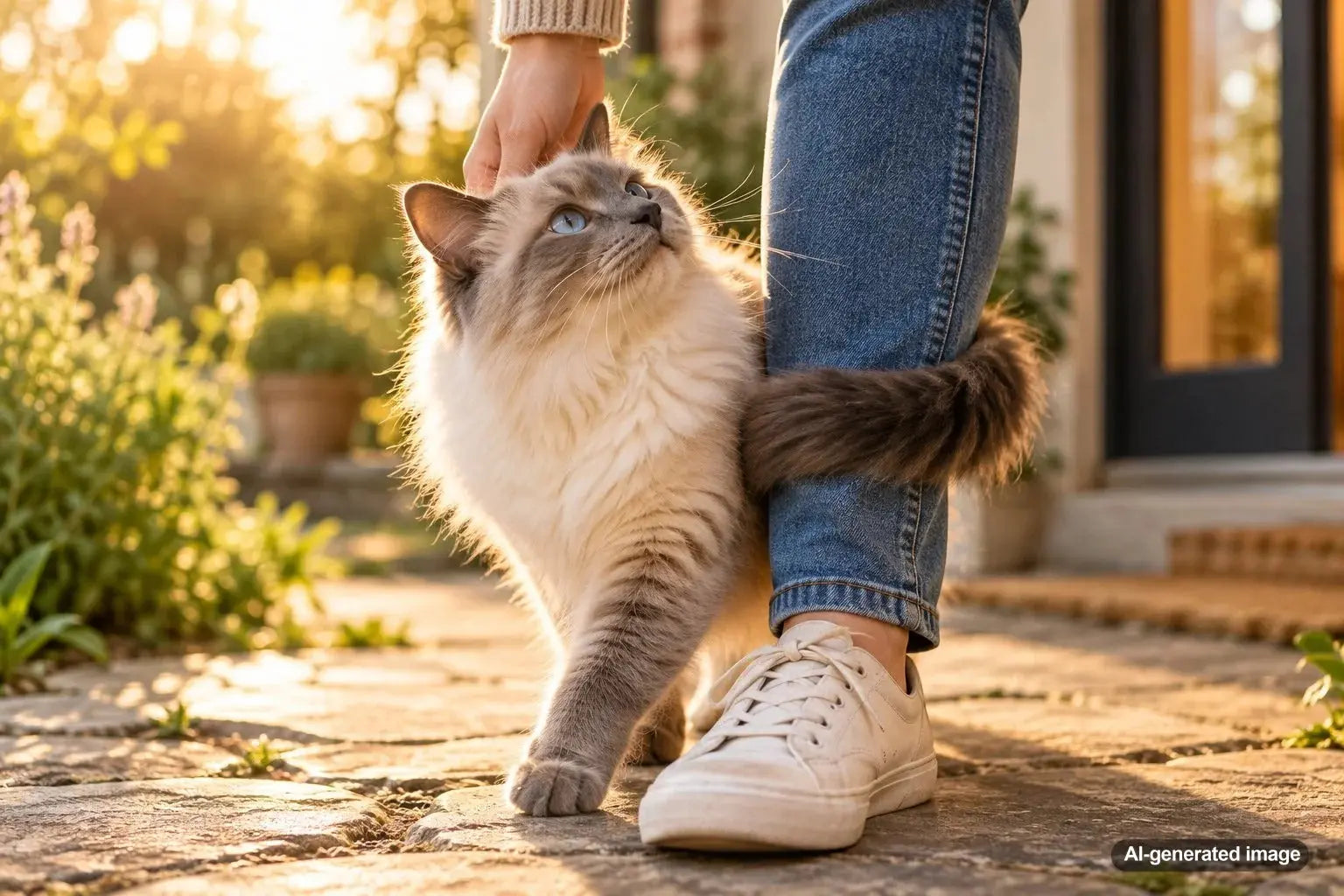 Cat gently wrapping their tail around a person's leg during a friendly interaction