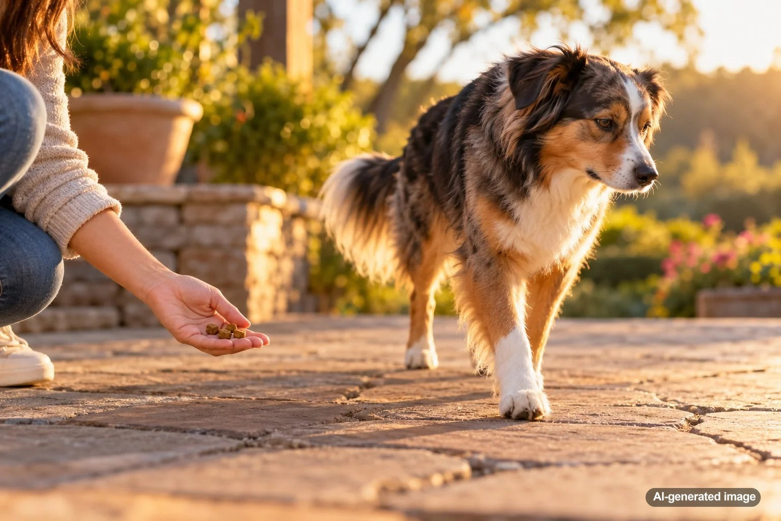 Dog asking for a treat and then walking away without eating it