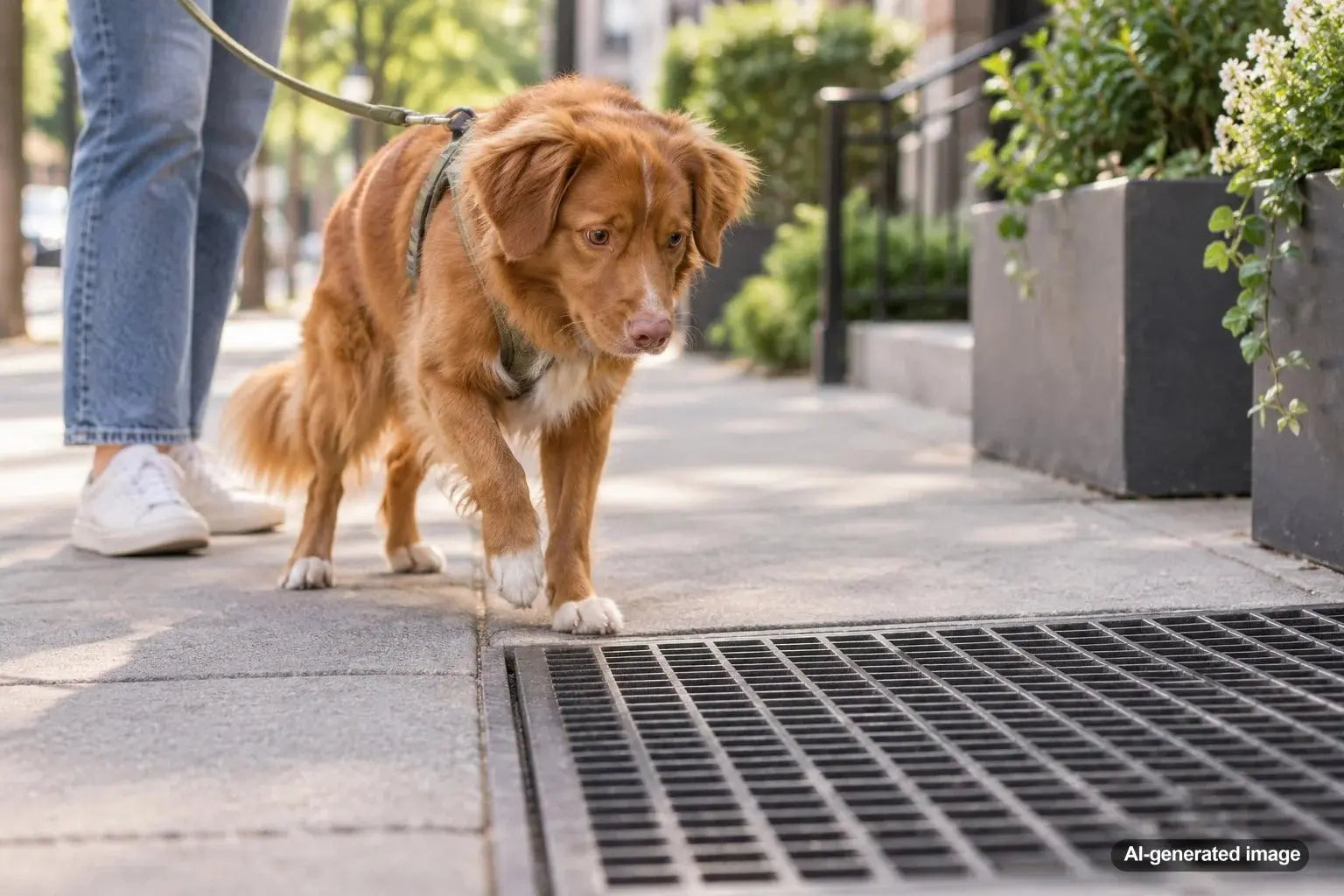 Dog cautiously approaching a metal sidewalk grate while learning to walk confidently on unfamiliar surfaces