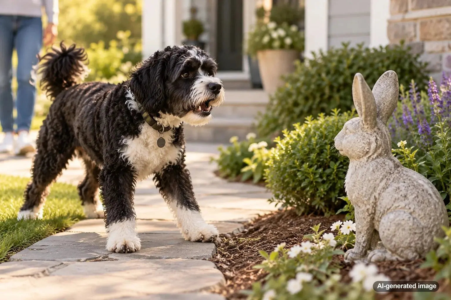 Dog barking at a realistic lawn statue during a neighborhood walk