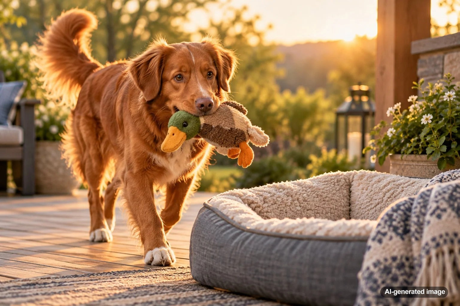 Dog resting comfortably in bed with a favorite toy nearby as part of a relaxing nighttime routine