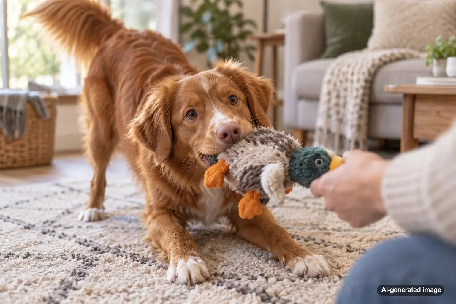 Dog bringing a favorite toy to its owner while playfully refusing to let go