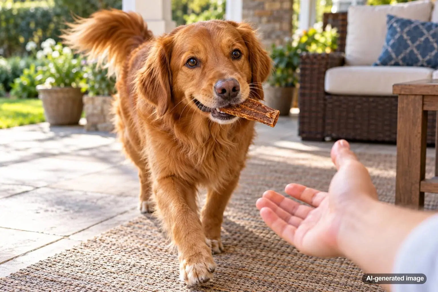 Dog bringing a treat to its owner instead of eating it, illustrating canine treat-carrying behavior and bonding