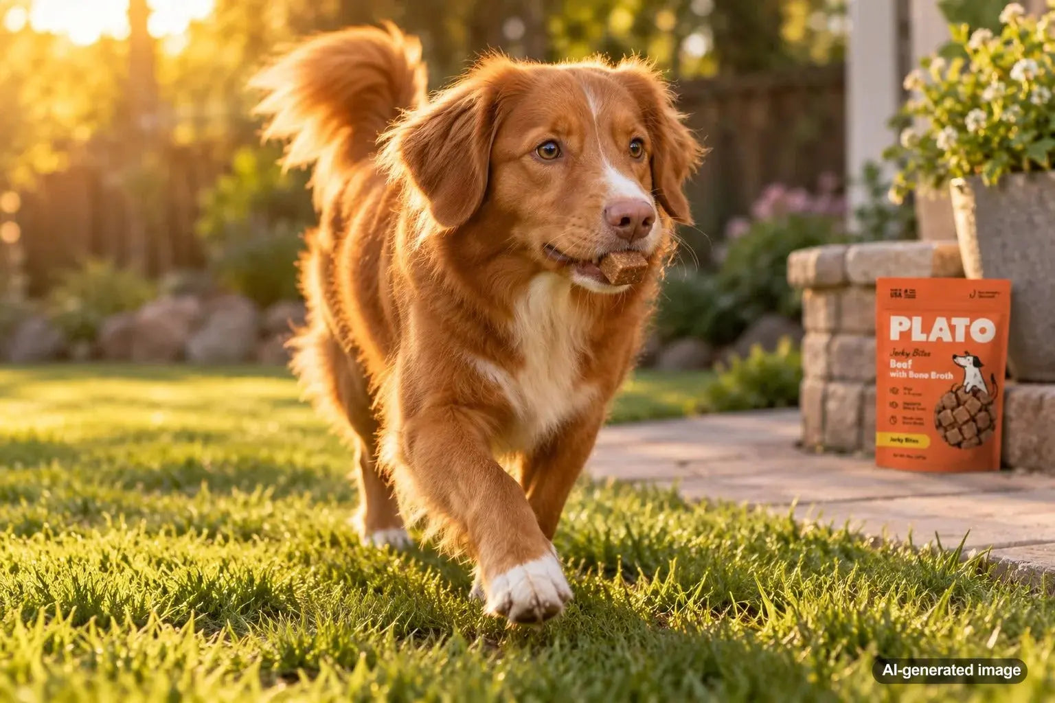 Dog carrying a treat before settling down in a comfortable spot to eat it