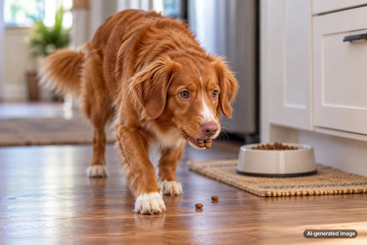 Dog carrying a mouthful of food away from its bowl to eat in a comfortable spot at home